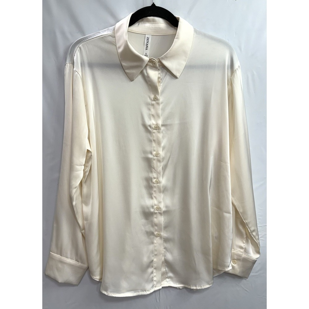Zenana Premium Women's Ivory Cream‎ Long Sleeve Button Up Blouse Shear Sz Large